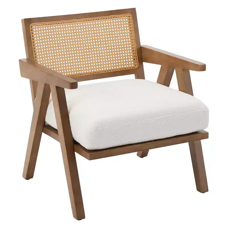 Fauteuil d'appoint de ferme du milieu du siècle - Fauteuil en bois avec dossier en rotin et coussin en lin pour salon, chambre