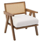 Fauteuil d'appoint de ferme du milieu du siècle - Fauteuil en bois avec dossier en rotin et coussin en lin pour salon, chambre