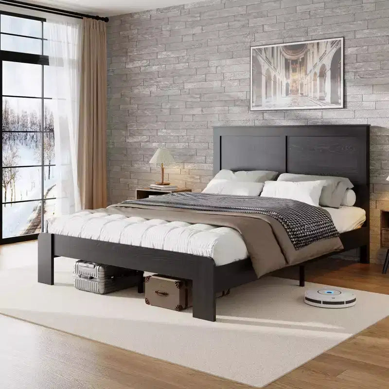 Cadre de lit en bois, taille double/grand lit/très grand lit, silencieux, pas besoin de sommier tapissier, outils de montage faciles, grand rangement sous le lit, noir foncé
