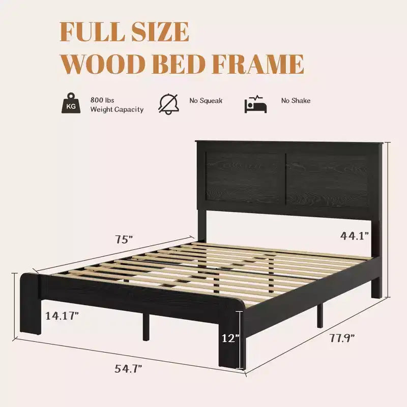 Cadre de lit en bois, taille double/grand lit/très grand lit, silencieux, pas besoin de sommier tapissier, outils de montage faciles, grand rangement sous le lit, noir foncé