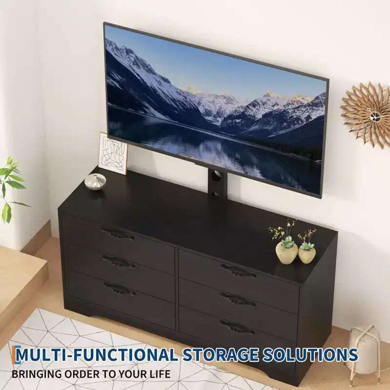 Meuble TV moderne de 63 pouces avec support pour téléviseur de 75 pouces, console multimédia à hauteur réglable avec 6 tiroirs, centre de divertissement robuste en MDF pour salon, chambre à coucher