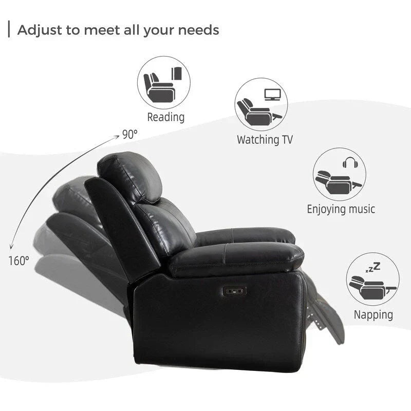 Canapé inclinable électrique avec chargeur sans fil, liseuse, lumière LED pour salon, similicuir, port AC/USB, porte-gobelet, noir