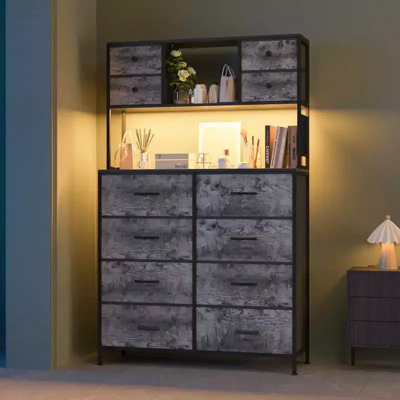 Commode de chambre, commode en tissu à 12 tiroirs, étagères ouvertes, plateau en bois et cadre en métal pour chambre à coucher, couloir ou salon