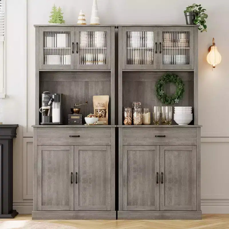 Meuble de rangement de cuisine avec support pour micro-ondes, meuble de cuisine haut autonome de 180 cm avec portes et étagères pour salle à manger