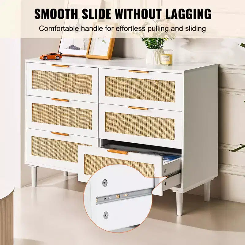 Commode 6 tiroirs en rotin VEVOR, commode bohème, commode en rotin avec rangement spacieux, commode en rotin naturel, blanc