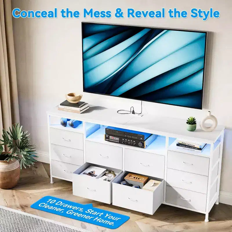 Commode noire de 160 cm pour chambre à coucher, commode à 10 tiroirs, meuble TV pour téléviseur de 65, 70, 75 pouces, commode en tissu avec lumières LED et prises de courant