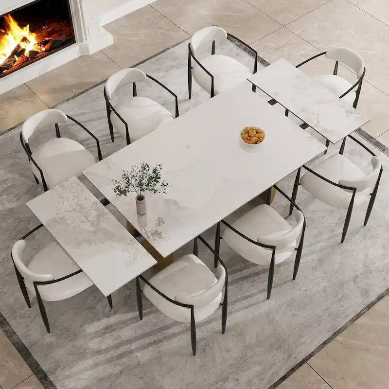 Ensemble de salle à manger moderne minimaliste 9 pièces avec plateau en pierre frittée extensible et double piédestal de 240 cm