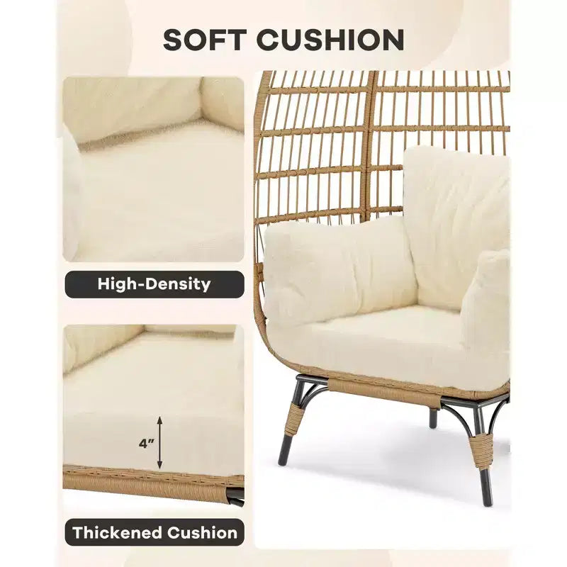 Fauteuil œuf en osier surdimensionné, chaise longue de patio en osier confortable avec cadre robuste, design moderne en forme d'œuf