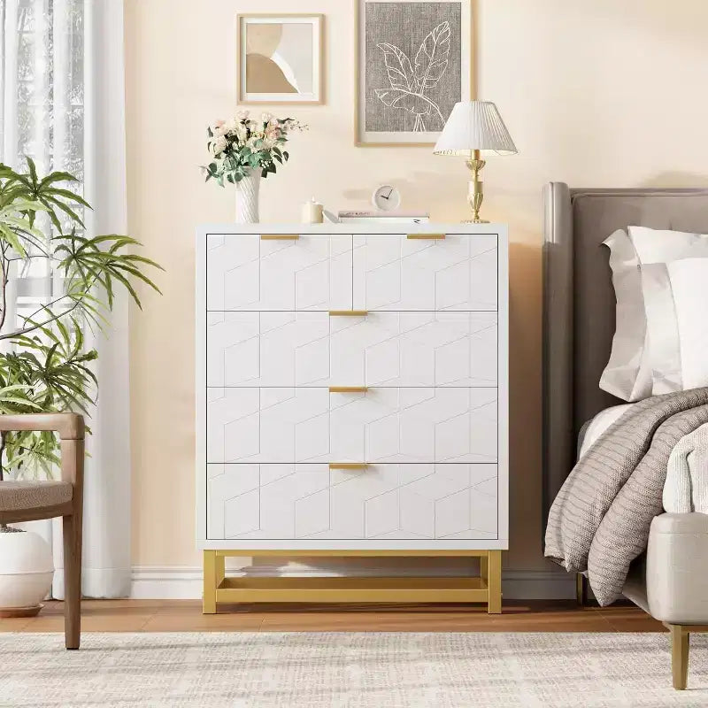 Commode de rangement moderne Acekool à 5 tiroirs avec poignées métalliques pour chambre, salon ou entrée - Blanc avec pieds en métal doré