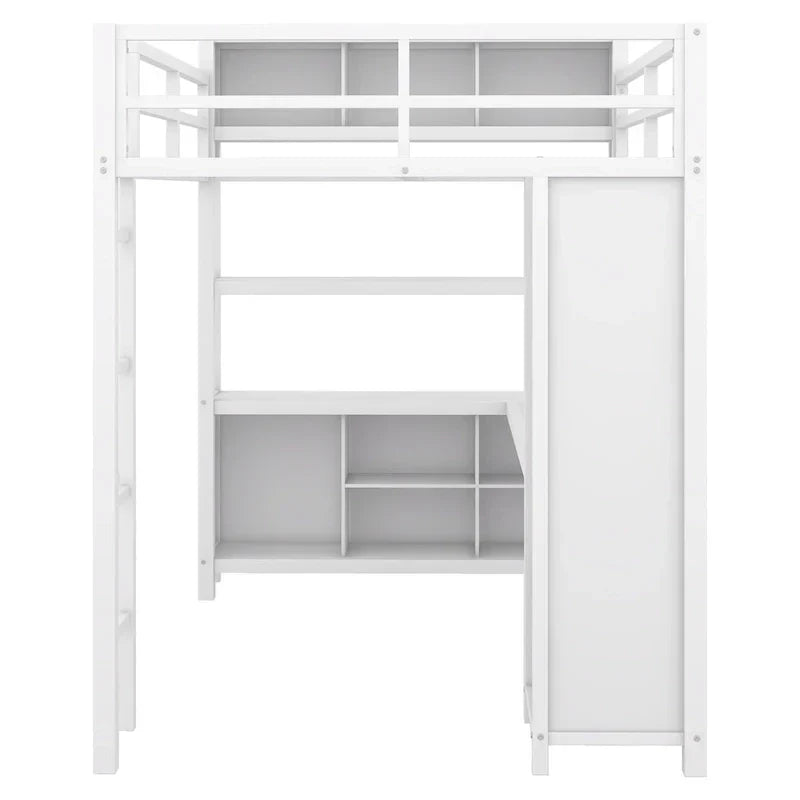 Lit mezzanine en métal blanc cassé avec bureau et armoire - Grand lit