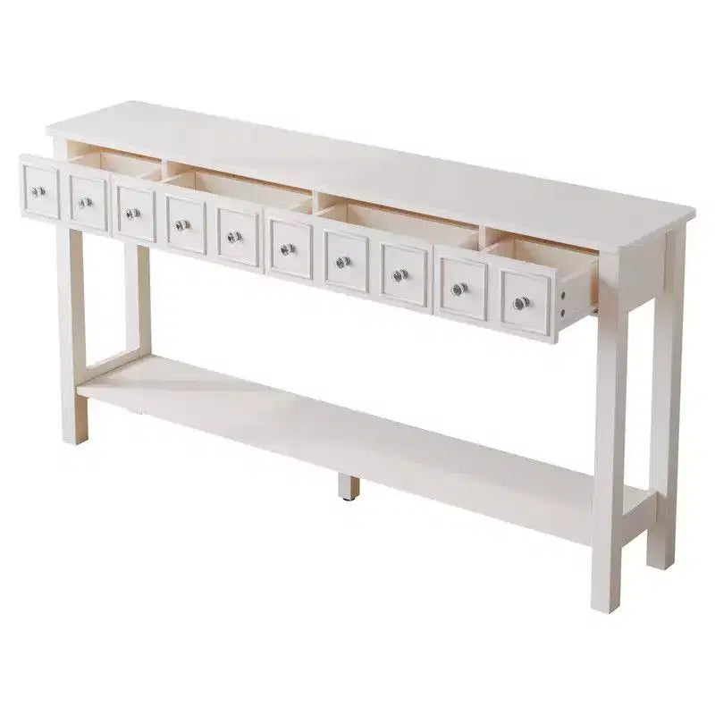 Table d'entrée vintage blanche à 2 niveaux avec 4 tiroirs en MDF 152,5*28*86,4cm