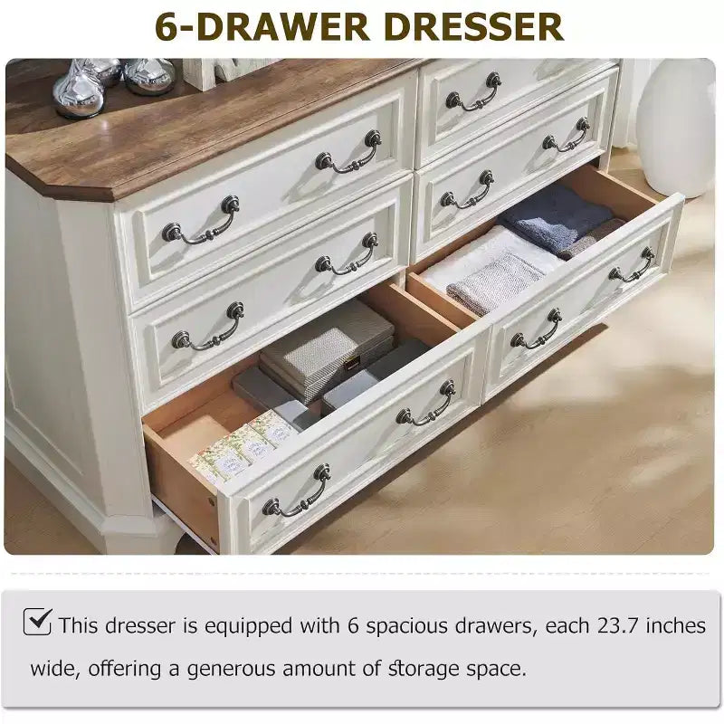 Commode à 6 tiroirs SinCiDo pour chambre à coucher, commode rustique en bois de style ferme, commode vintage de 54 po de largeur pour salon