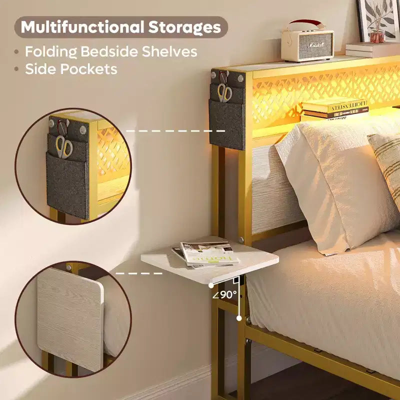 Cadre de lit Bestier Queen/Full en tissu, plateforme de lit LED, tête de lit de rangement avec étagères pliantes et station de charge