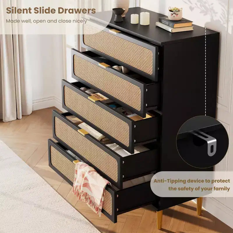 Commode à 5 tiroirs en rotin GustoWave pour chambre à coucher, commode haute avec tiroirs profonds, grande commode pour placard avec plateau large, longue commode en bois