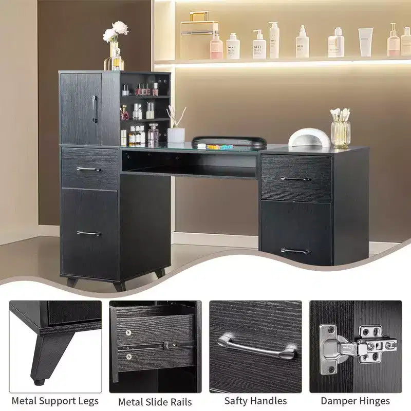 Table de manucure Karlhome noire 55 pouces L x 19 pouces l x 44 pouces H, bureau de salon moderne avec plateau en verre et coussin de poignet