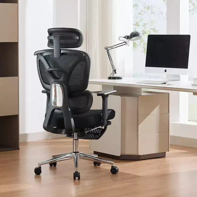 Chaise de bureau ergonomique en maille - Dossier haut, support lombaire réglable, appui-tête et repose-pieds rembourrés, siège large et respirant, chaise de bureau pivotante