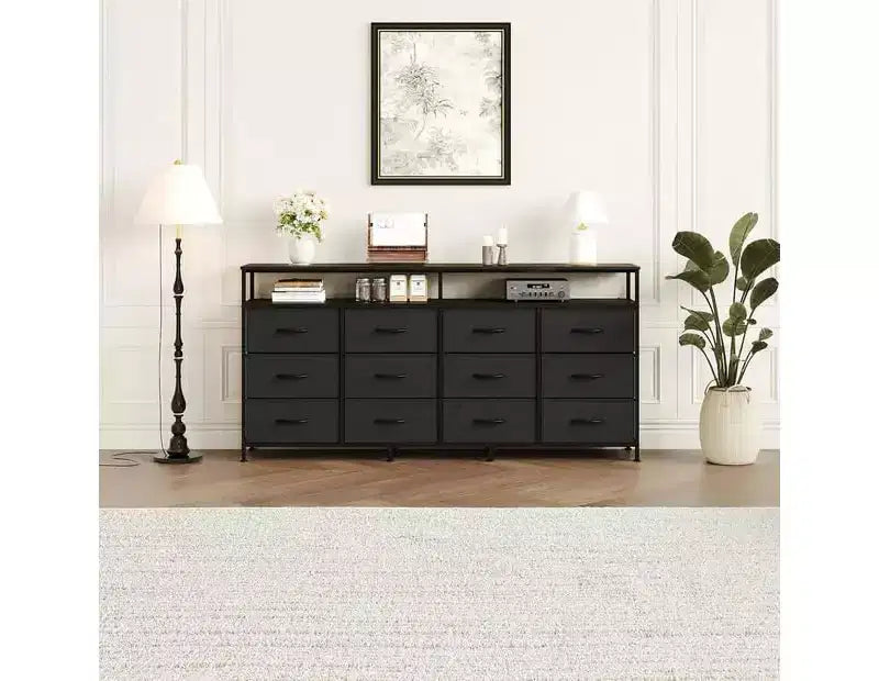 Commode TV de 160 cm en tissu pour chambre à coucher - Commode longue à 12 tiroirs pour salon - Commode noire avec étagères ouvertes