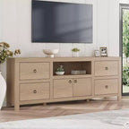 Meuble TV blanc de style ferme pour téléviseurs 75-80 pouces - Console média longue de 70 pouces avec 6 tiroirs et étagère pour barre de son pour salons, chambres à coucher