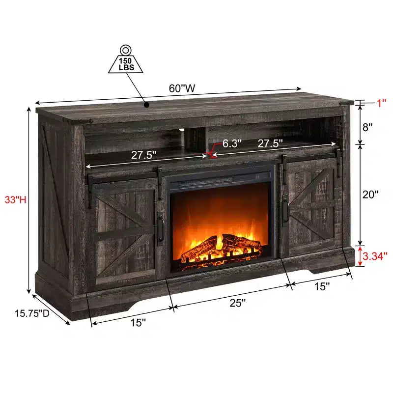 Meuble TV cheminée OKD 60 pour téléviseurs de 65 pouces et plus, meuble TV haut de 33 po avec porte coulissante de style grange