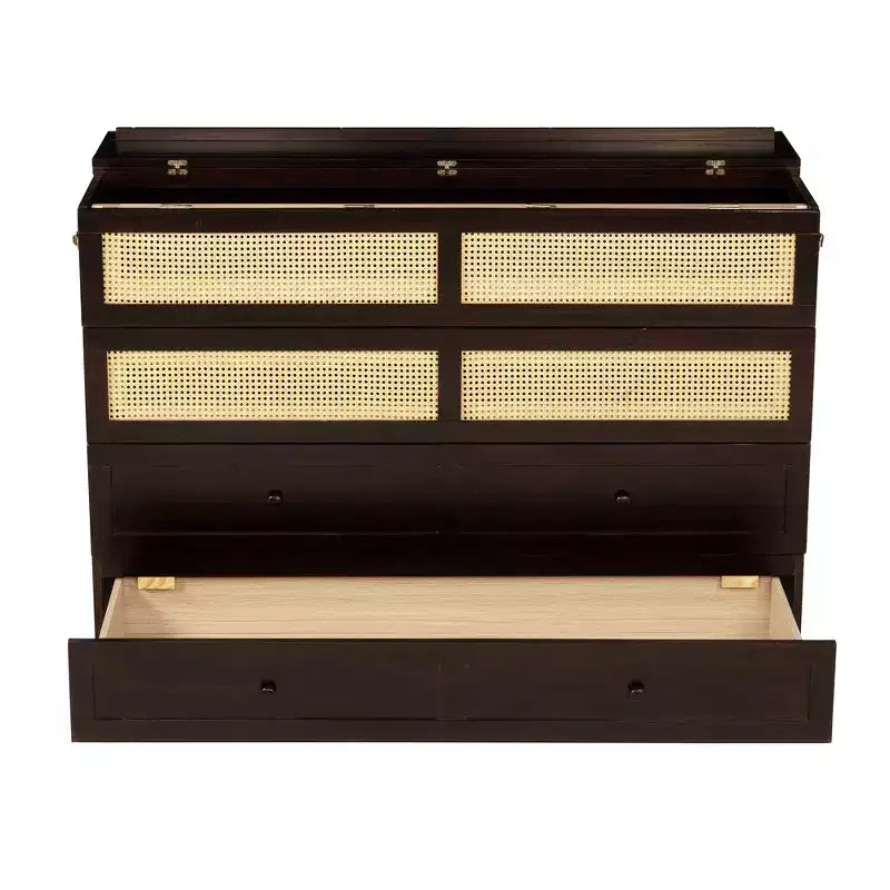 Lit escamotable Whisen Queen Size en pin avec décoration en rotin et tiroir de rangement