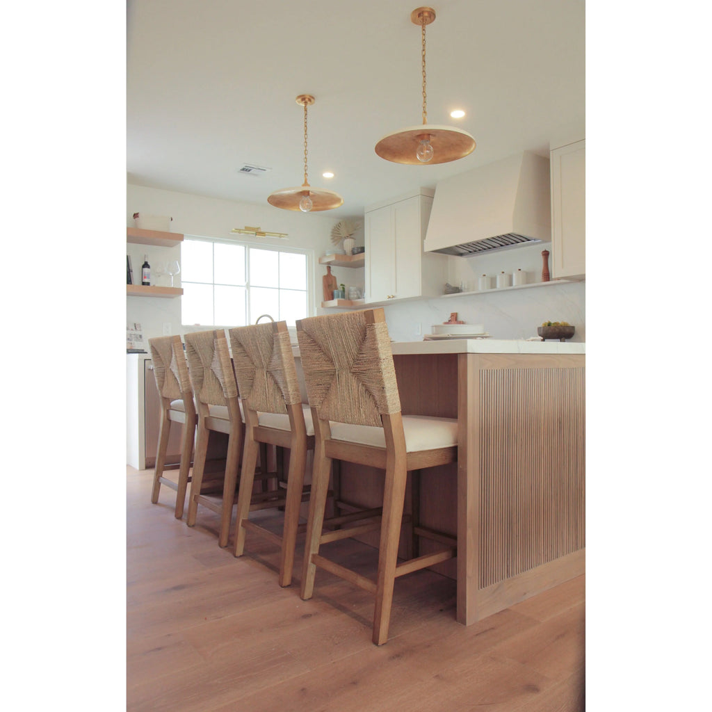 Tabouret de bar Beacon Bohemian Boucle, Chaise de comptoir rembourrée avec structure en bois massif et dossier en jonc de mer tressé
