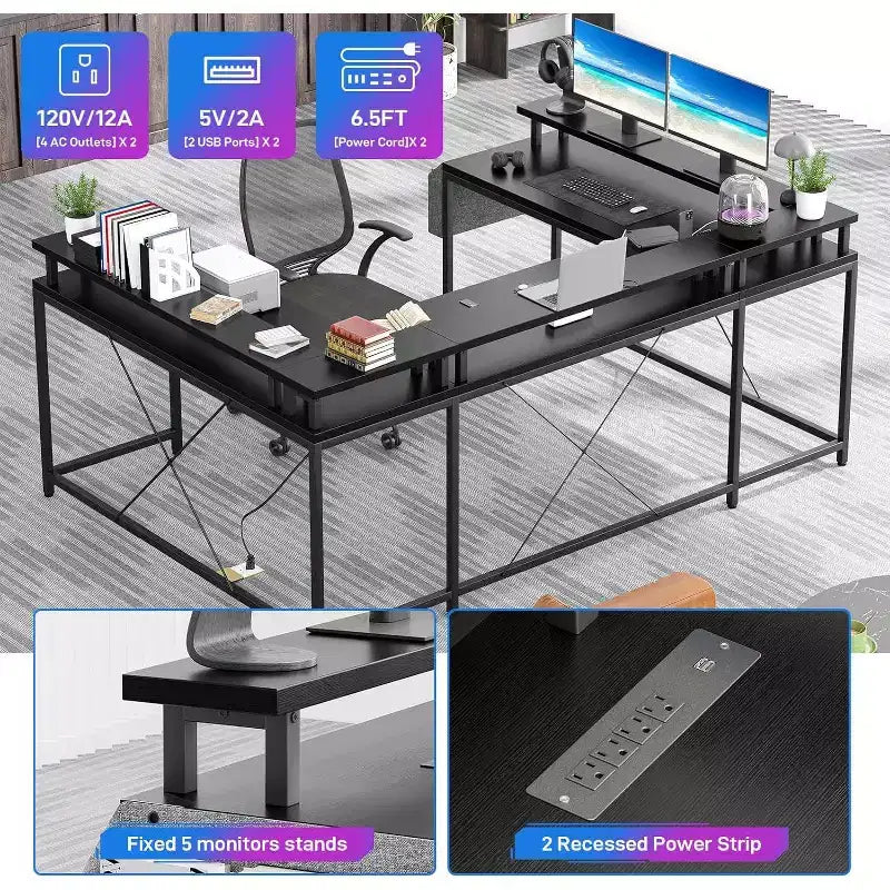 Bureau d'angle en U de 200 cm pour gamer, bureau d'ordinateur réversible en forme de L avec prises de courant, lumières LED, support d'écran et étagères de rangement