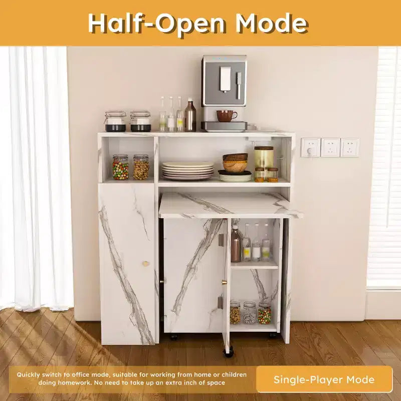 JVNOXK Table de salle à manger pliante multifonctionnelle avec armoire latérale murale et espace de rangement avec prises électriques, idéale pour les appartements compacts, blanc