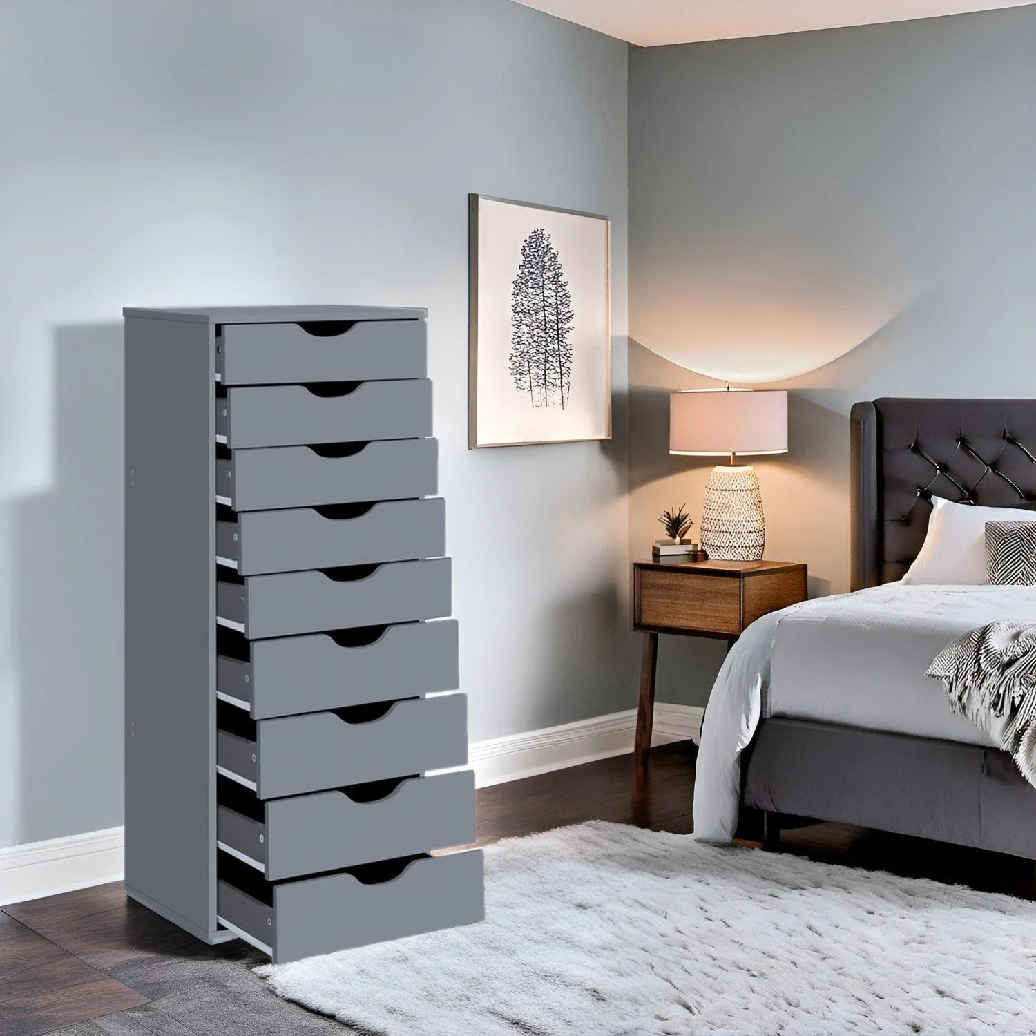 Étroite commode en bois à 9 tiroirs coulissants et étagère de rangement supérieure