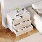 Commode moderne blanche, commode à 8 tiroirs avec poignées et pieds dorés, table de chevet en bois avec surface texturée de lin