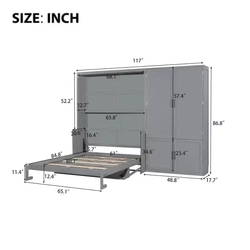 Lit escamotable Queen Size Whisen Modern Design, se pliant dans une armoire avec penderie