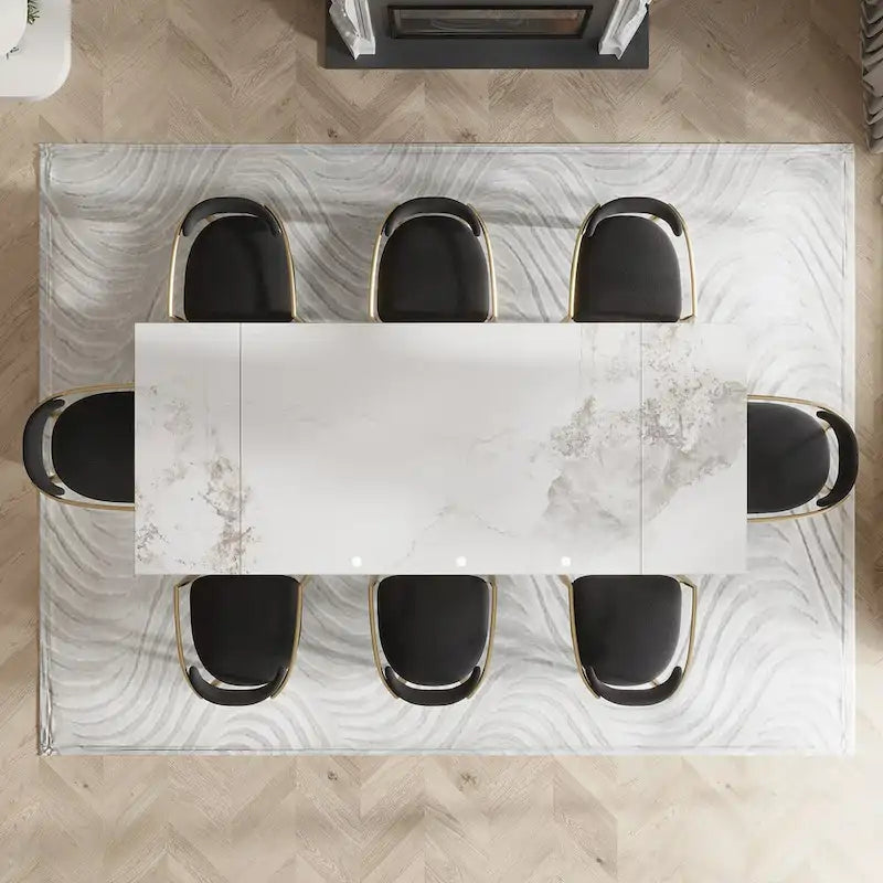 Ensemble de salle à manger moderne minimaliste 9 pièces avec plateau en pierre frittée extensible et double piédestal de 240 cm