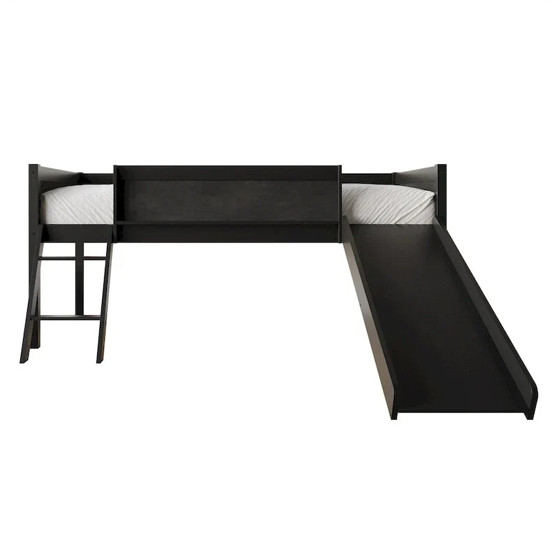 Lit mezzanine bas classique double CraftPorch avec tableau noir, toboggan et échelle