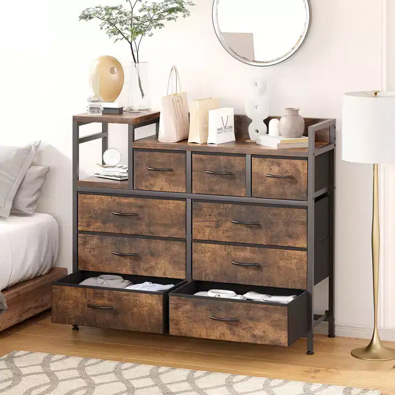 COZONY Commode de rangement à 9 tiroirs de 86,4 cm de haut et meuble TV, Tour de rangement en tissu, Rangement à cadre en acier robuste pour le salon, utilisation dans les petits espaces