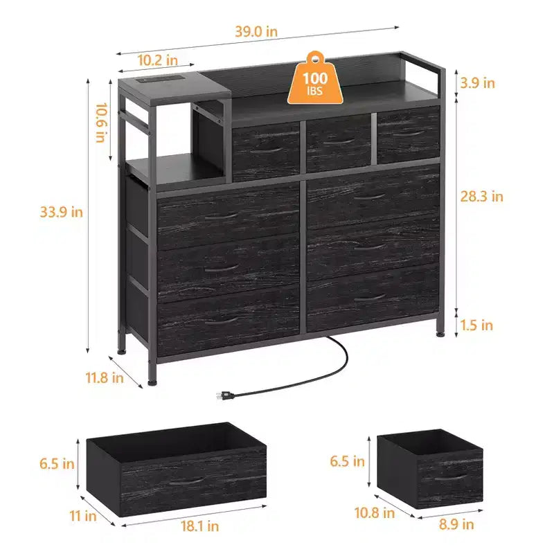 COZONY Commode de rangement à 9 tiroirs de 86,4 cm de haut et meuble TV, Tour de rangement en tissu, Rangement à cadre en acier robuste pour le salon, utilisation dans les petits espaces