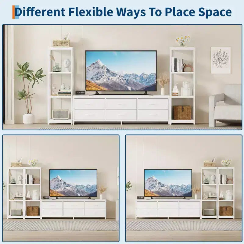 Meuble TV commode industriel moderne pour téléviseur de 75 pouces - 6 tiroirs en tissu - 4 étagères de rangement - Grand meuble console multimédia