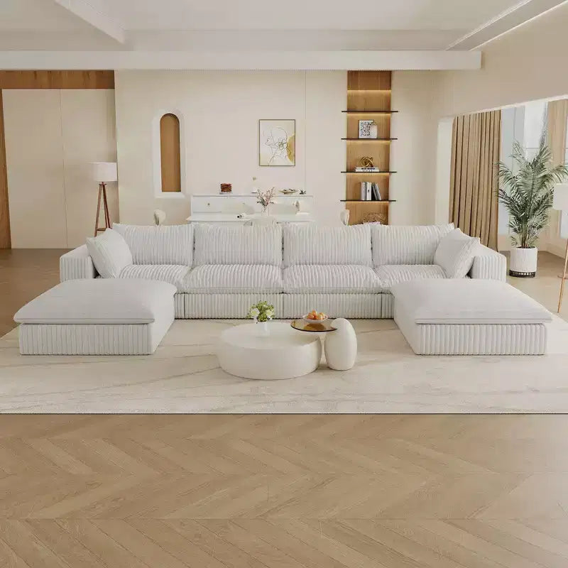 Canapé d'angle modulable en velours côtelé blanc de 4 m avec 2 poufs, grand canapé profond, design double couche, coussin amovible, aucun assemblage requis.