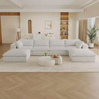 Canapé d'angle modulable en velours côtelé blanc de 4 m avec 2 poufs, grand canapé profond, design double couche, coussin amovible, aucun assemblage requis.