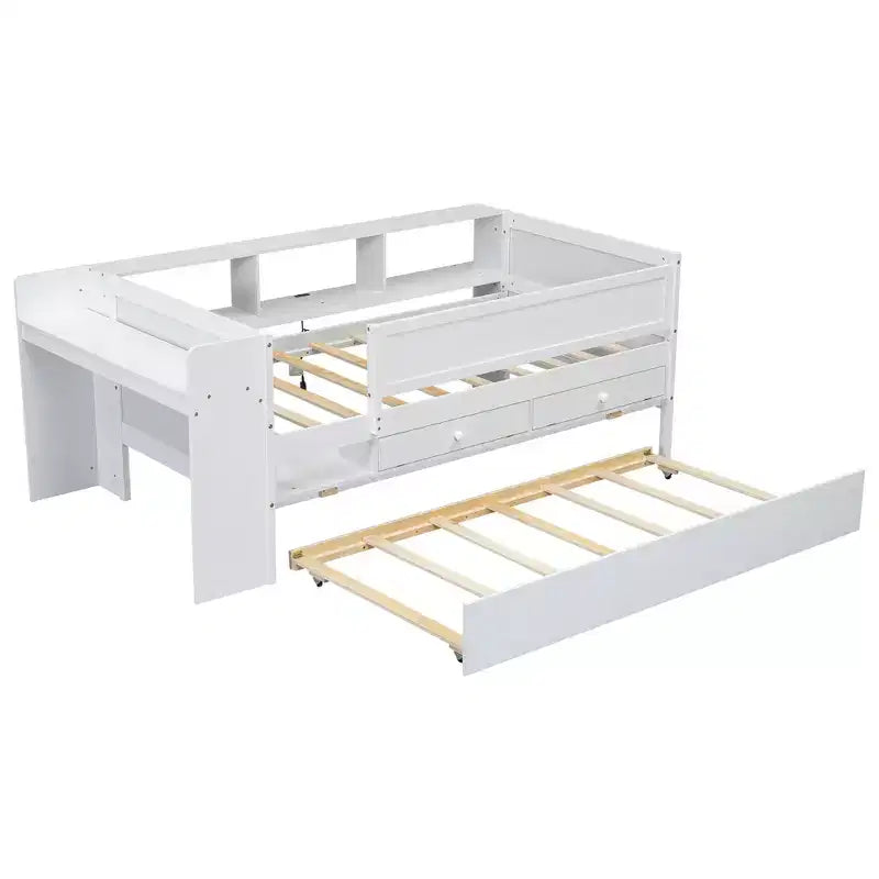 Lit de jour multifonctionnel double avec tiroirs et lit gigogne, rangement intégré à la tête de lit, table et station de recharge USB ModernLuxe
