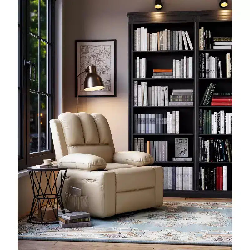 Fauteuil inclinable pour adultes, fauteuil inclinable manuel à bascule en similicuir, fauteuil inclinable pivotant à 360 degrés avec poche latérale, fauteuil inclinable simple, beige