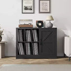 Meuble Tourne-Disque Noir en Bois de Style Ferme avec Porte Coulissante – Rangement de Vinyles pour 750 Albums, Étagères d'Exposition, Meuble TV Idéal pour Salon