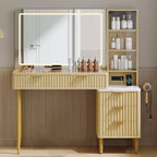 Coiffeuse LED en panneaux de particules avec motif ondulé, MDF durable, design moderne, éclairage LED intégré, grand espace de rangement
