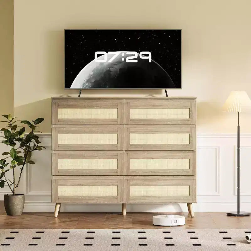 Commode en rotin pour chambre à coucher avec 8 tiroirs, commode de 120 cm de large, commode double en bois moderne avec pieds en bois pour couloir, entrée