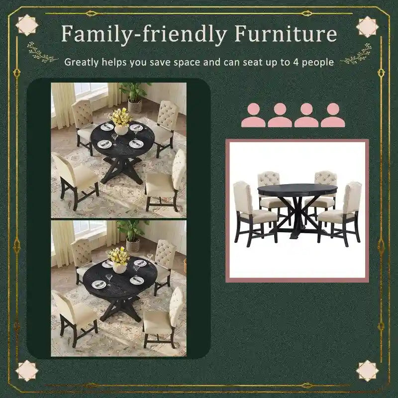 Ensemble de table à manger de style rétro et fonctionnel avec table extensible et 4 chaises rembourrées pour salle à manger et salon