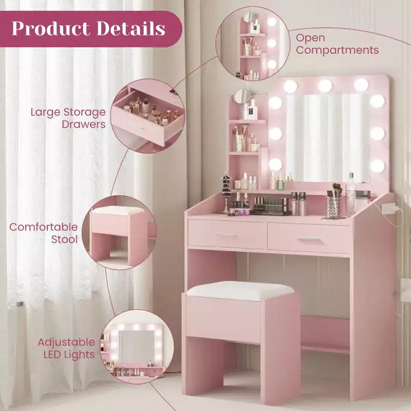 Coiffeuse de Maquillage avec Lumières, Bureau de Maquillage avec Miroir et Lumières, Grand Tiroir et Armoire de Rangement à Deux Étages, 3 Modes d'Éclairage