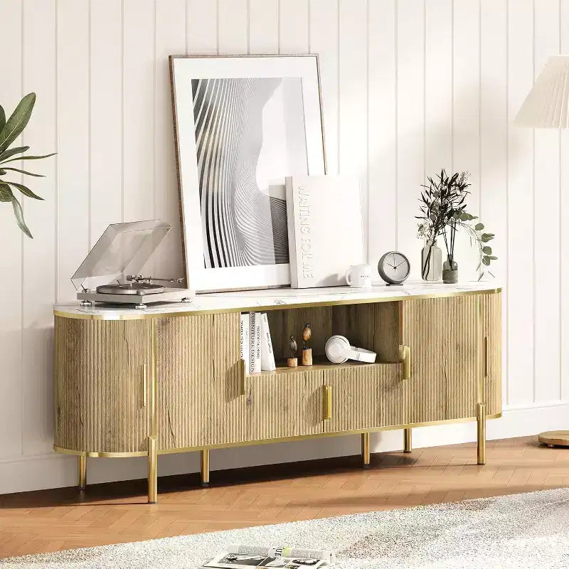 Meuble TV cannelé COZONY de 178 cm pour téléviseurs jusqu'à 80 pouces, console multimédia avec plateau en faux marbre et portes coulissantes