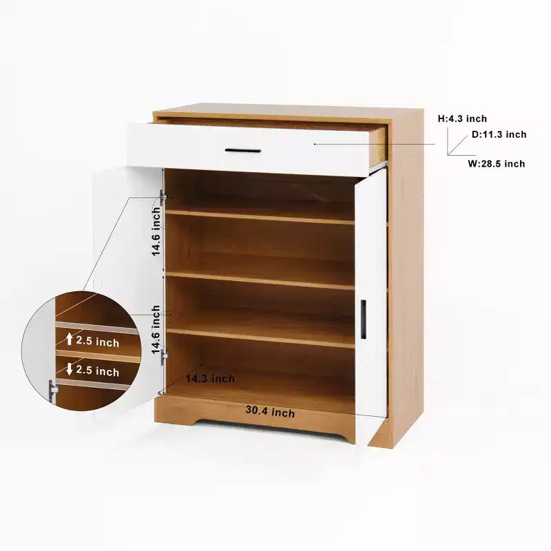 JVNOXK Meuble à chaussures à quatre niveaux, étagère à chaussures autoportante en bois, avec deux portes d'armoire blanches et des étagères réglables, idéal pour les entrées