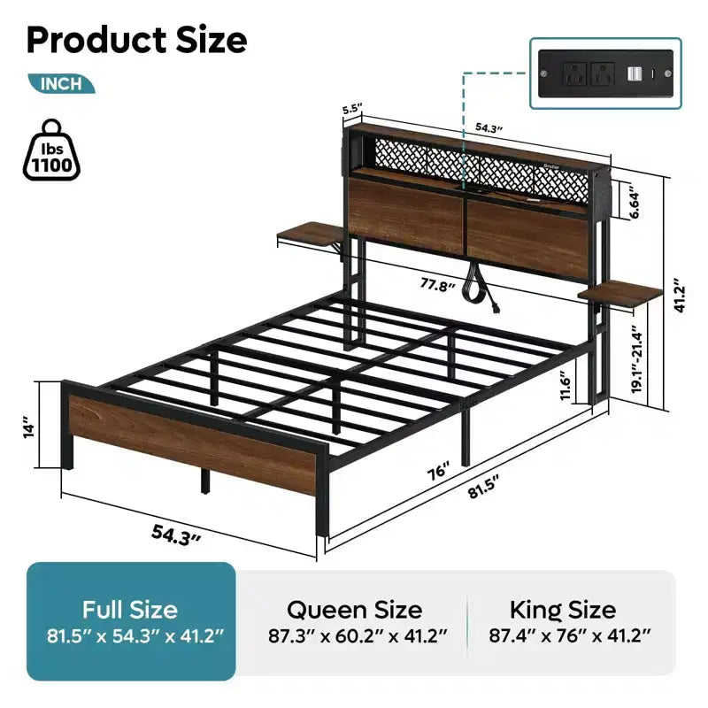 Cadre de lit Bestier Queen/Full en tissu, plateforme de lit LED, tête de lit de rangement avec étagères pliantes et station de charge