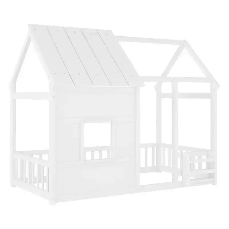 Cadre de lit au sol Whisen Twin Size, lit en forme de maison avec toit, clôture