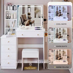 Coiffeuse de luxe de 94 cm avec miroir LED coulissant, rangement intégré, prise de courant, support pour sèche-cheveux et meuble latéral pour chambre à coucher