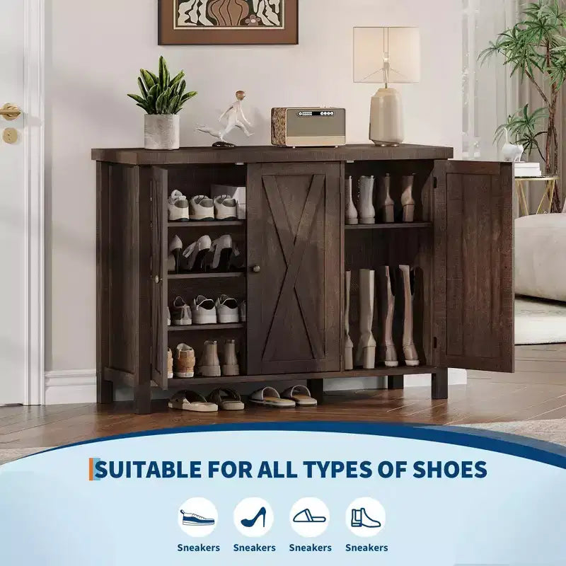 Meuble à chaussures 4 niveaux Coolmee avec portes, meuble à chaussures de style fermier de 89 cm pour entrée, grand meuble de rangement à chaussures pour salon ou couloir